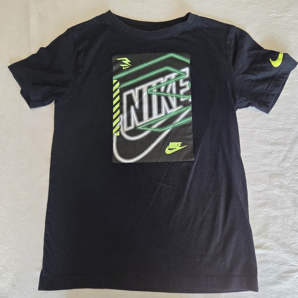Nike 3Brand Boys Black Short‑Sleeve Tee with Neon Green Graphic, YLG